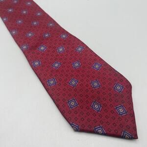 Liberty Of London Red Geometric Tie‎ 100% Silk Necktie Squares Maroon USA